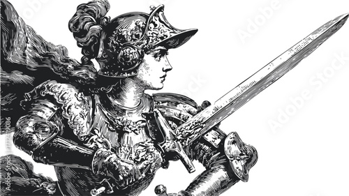 Engraved Female Warrior Vector Illustration with Antique Vibe