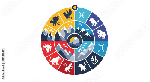 Zodiac Wheel with Animals and Mountains.