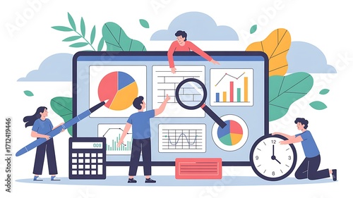 Wallpaper Mural Team analyzing digital data and financial reports displayed on tablet screen with charts graphs and statistics Torontodigital.ca