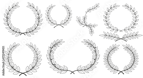 Set of decorative laurel wreaths and branches.