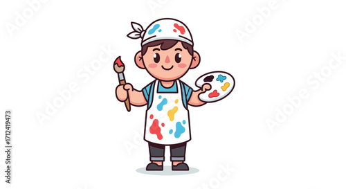 Cheerful cartoon boy artist with paint-splattered apron, holding a brush and palette, embodying youthful imagination and artistic expression