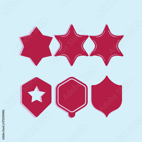 Red shield and star badge vector set, promotional abstract emblem collection, creative label sticker designs, business marketing template, award seal decorative symbol illustration