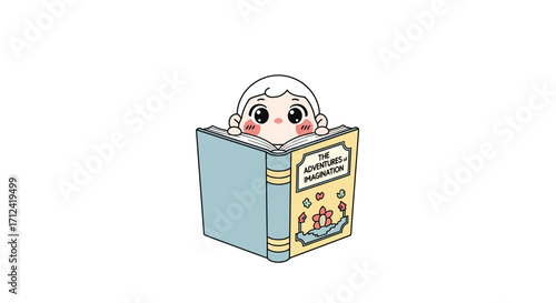 A delightful cartoon child peeking curiously from behind a captivating book, immersed in a world of imagination and learning on a pristine white background