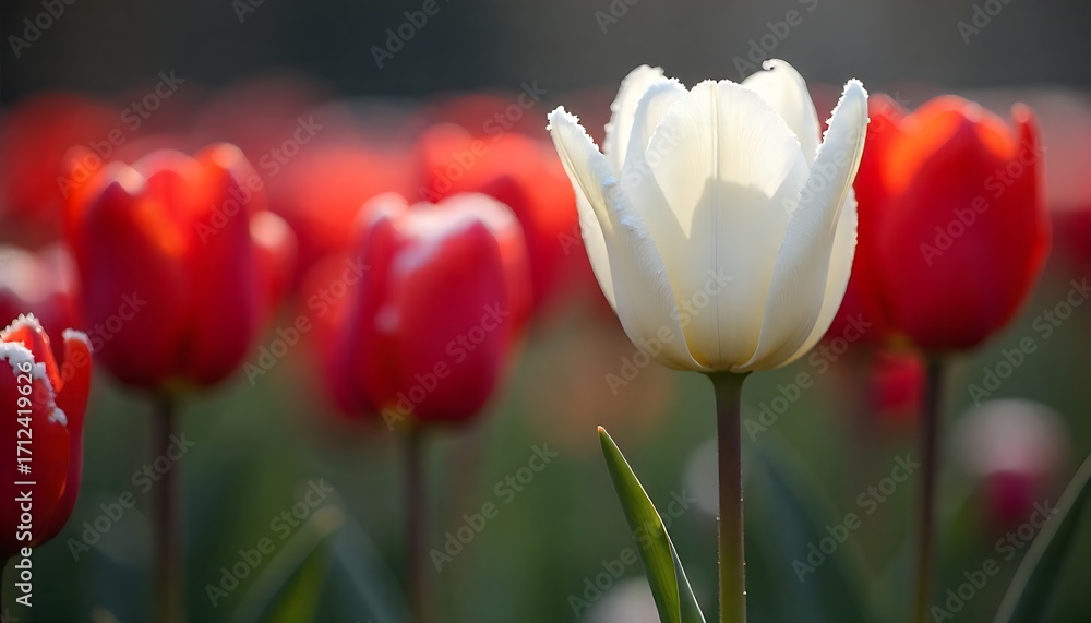 Fototapeta premium Stunning white tulip stands out amongst vibrant red flowers in a sunlit garden field