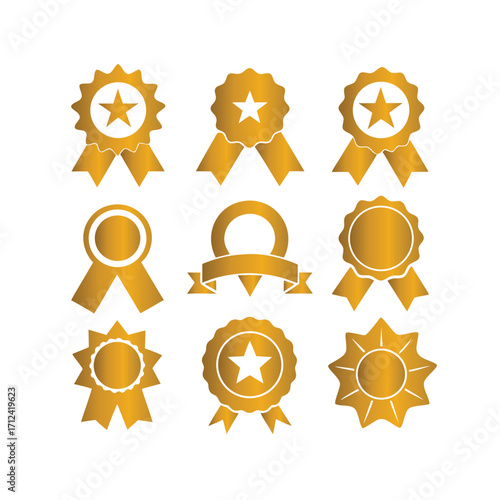 Golden award badge vector set with ribbon seals, prize emblem collection, promotional business label, achievement honor symbols, decorative sticker design, creative marketing template illustration