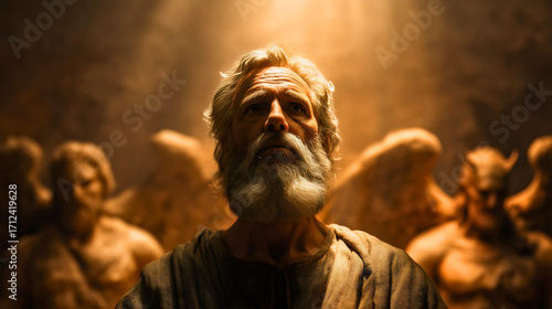 The forces of good and evil an angel and a demon fighting over Moses, who has chosen the light side.
