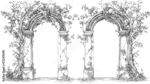 Elven Arch Gate Engraved Illustration Set for Fantasy Theme Designs
