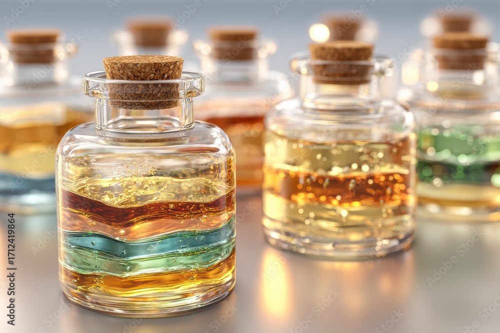 Colorful layered glass bottles filled with various liquids, showcasing vibrant hues and distinct textures, perfect for decorative or thematic designs and creative projects