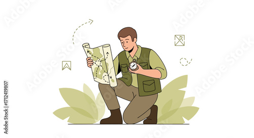 Adventure Planning: A Man Uses Map And Compass For Journey Guidance Exploration