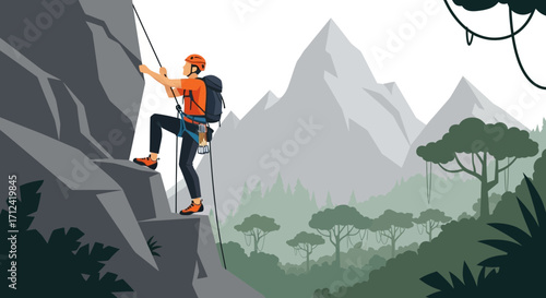 Adventure Seeker Ascending Rocky Cliff Face Amidst Lush Green Mountain Scenery