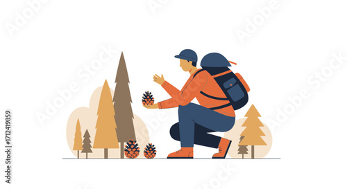 Adventure Seeker Finds Pinecones Amongst Forest Trees For Nature Exploration Illustration