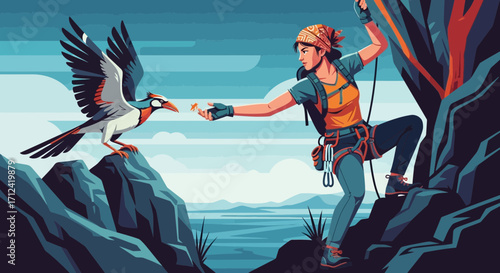 Adventure Seeker Climbing Mountain and Greet a Colorful Bird in Natural Landscape