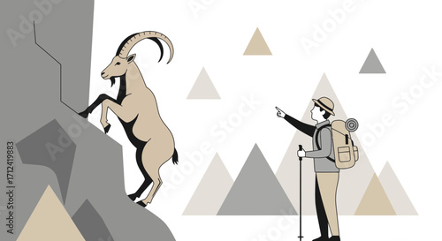 Adventure Seeker Guides Direction While Observing Majestic Mountain Goat Climbing
