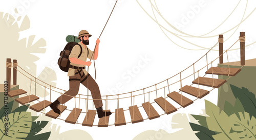 Adventure Traveler Navigating Rope Bridge, Depicting Courage, Perseverance, and Exploration
