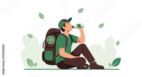 Adventurous Hiker Resting, Hydrating, Achieving Peak Performance, Enjoying Nature's Serenity