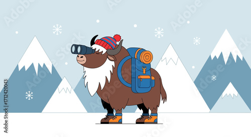 Adventure Yak: Snowy Mountain Expedition, Observing the Majestic Peaks With Binoculars