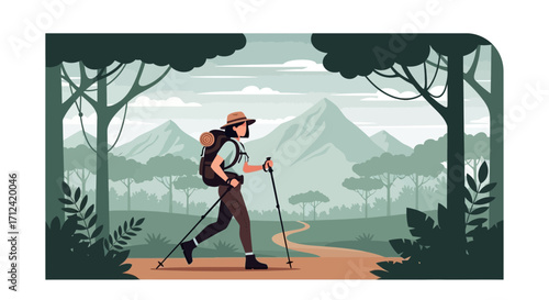 Adventurous Hiker On Trail Through Beautiful Forest With Mountainous Backdrop Scene