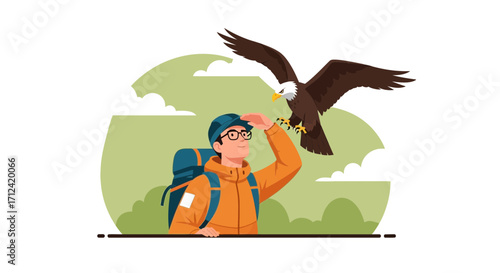 Adventurous Hiker Spotting Majestic Eagle And Exploring The Great Outdoors With A Purpose