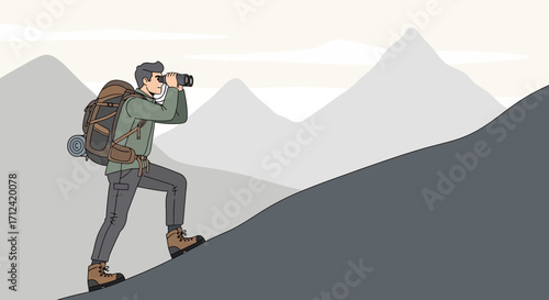 Adventurer Ascending Mountain Viewing Landscape Through Binoculars in Illustrated Style