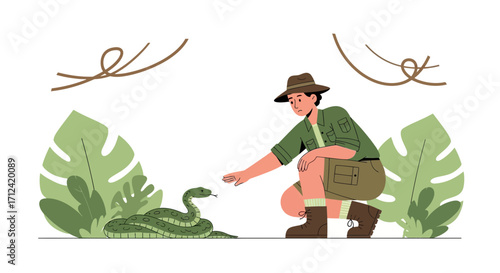 Adventurer Approaching a Green Snake in Jungle, Illustration of Wildlife Encounter