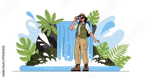 Adventurer Captures Moments Near Waterfall, Nature, Travel, And Exploration Concept