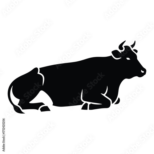 Silhouette of a cow resting peacefully in a pasture full of greenery and farm life silhouette