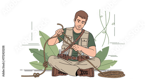 Adventurer Carefully Knotting Rope Before Expedition In Lush Green Tropical Environment