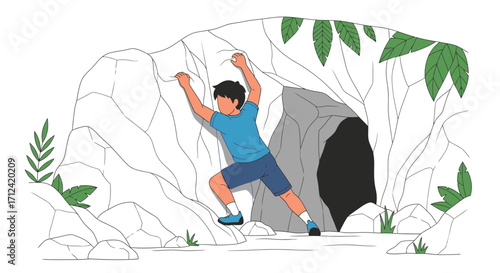 Adventurous Individual Scaling Rocky Terrain to Enter a Concealed Cave Entrance