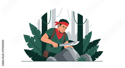 Adventurer Carving Stone With Machete While In The Jungle Environment, Illustration