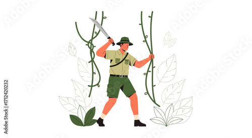 Adventurer Clearing Trail Through Lush Jungle Foliage, Seeking Unknown Destinations
