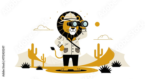 Adventurous Lion Explorer In Desert Searching With Binoculars For Adventure