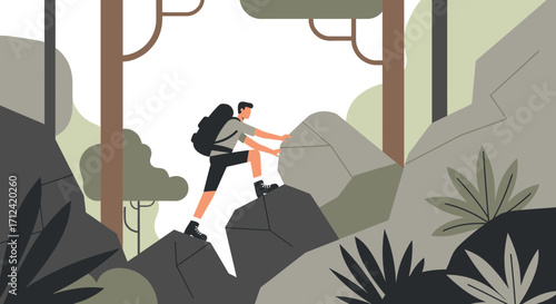 Adventurer Climbing a Rocky Mountain, Surrounded by Trees And Natural Beauty