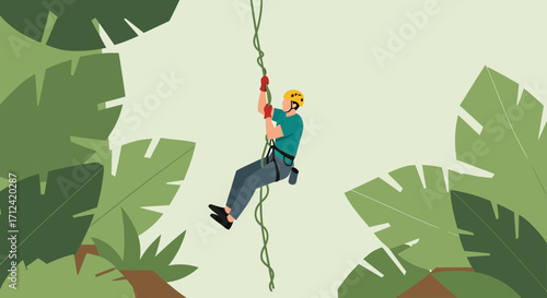 Adventurer Clinging To Vine, Surrounded By Lush Green Foliage, Jungle Exploration