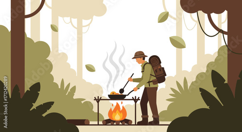 Adventurer Cooking Meal Over Campfire In Forest During Outdoor Recreational Activities