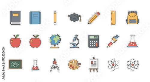 A diverse set of colorful icons representing school supplies and academic subjects.