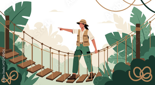 Adventurer Crossing Suspension Bridge In Jungle, Illustrating Discovery And Exploration