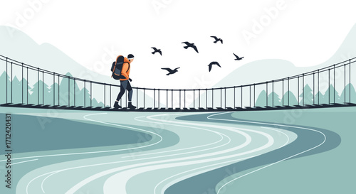 Adventurer Crossing Suspension Bridge, Bird Flight, Serene Landscape, Journey Ahead Illustration