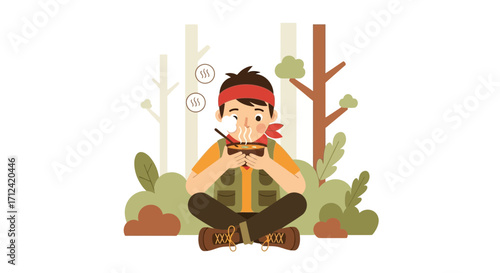 Adventurous Outdoorsman Enjoying Hot Soup Whilst Relaxing In Nature's Embrace