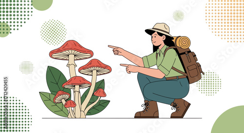 Adventurous Observer: A Woman Spotting Unique Fungi on a Foraging Expedition