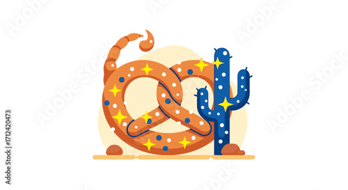 A Fantastical Illustration of a Pretzel Scorpion and a Cactus.
