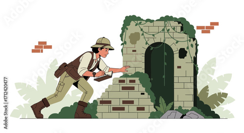 Adventurer Discovering Ancient Ruins And Exploring Hidden Structures In The Jungle