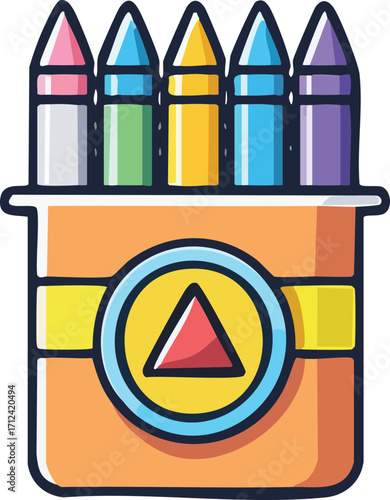 Vector cartoon illustration of colorful wax crayons in a box for drawing and creativity.