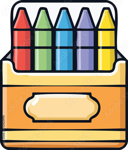 Vector cartoon illustration of colorful wax crayons in a box for drawing and creativity.