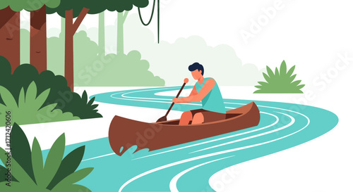Adventurous Person Rowing Canoe Down River In Lush Green Forest At Daylight