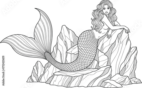 Beautiful fantasy mermaid illustration sitting on rocks with long flowing hair, detailed fish tail scales, mythical sea creature, black white drawing