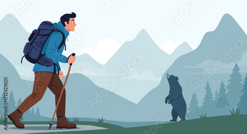 Adventurer Encountering Bear in Wilderness Scene Highlighting Travel And Nature Activities