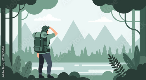 Adventurous Person Watching Mountainous Landscape, Nature Exploration Illustration