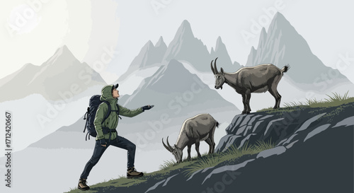 Adventurer Encountering Mountain Goats Amidst Towering Peaks In Serene Wilderness