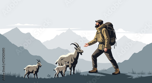 Adventurer Encountering Mountain Goats in a Serene Mountainous Landscape