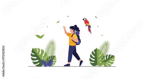 Adventurous Traveler Embracing Nature's Wonders with a Tropical Parrot in a Jungle
